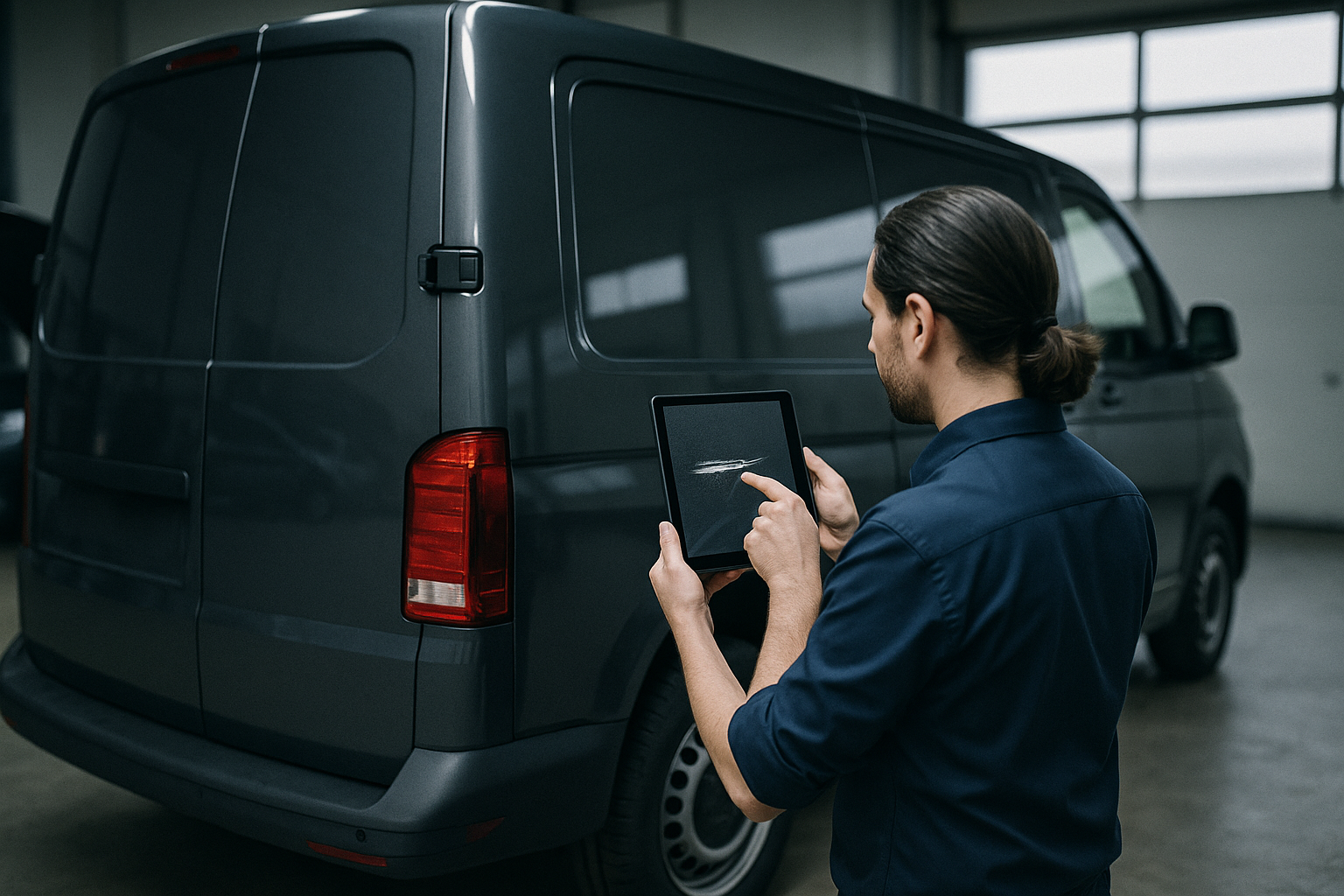 Schadensgutachter mit Tablet am Heck eines dunklen Transporters.