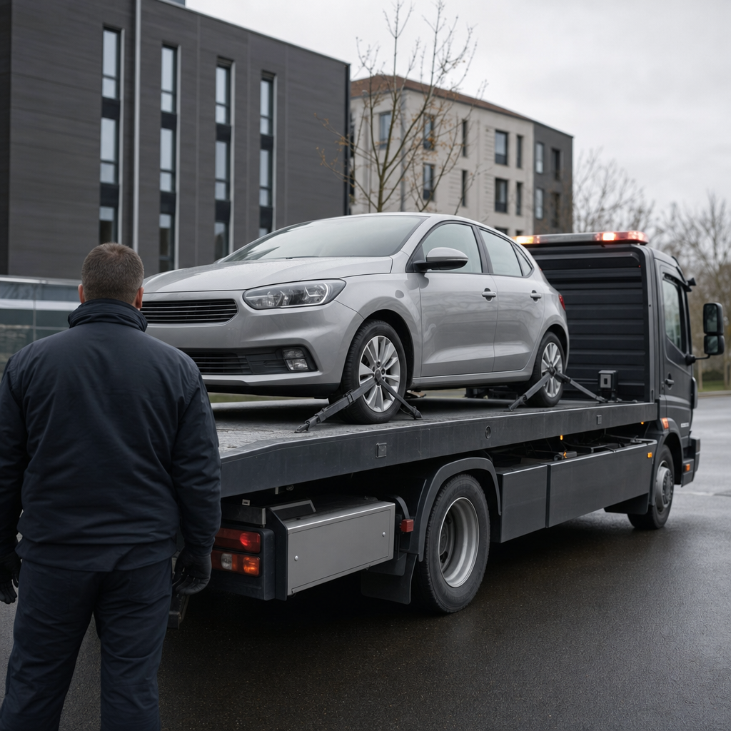 Privatfahrzeug wird auf einem Abschleppwagen gesichert und abgeholt.